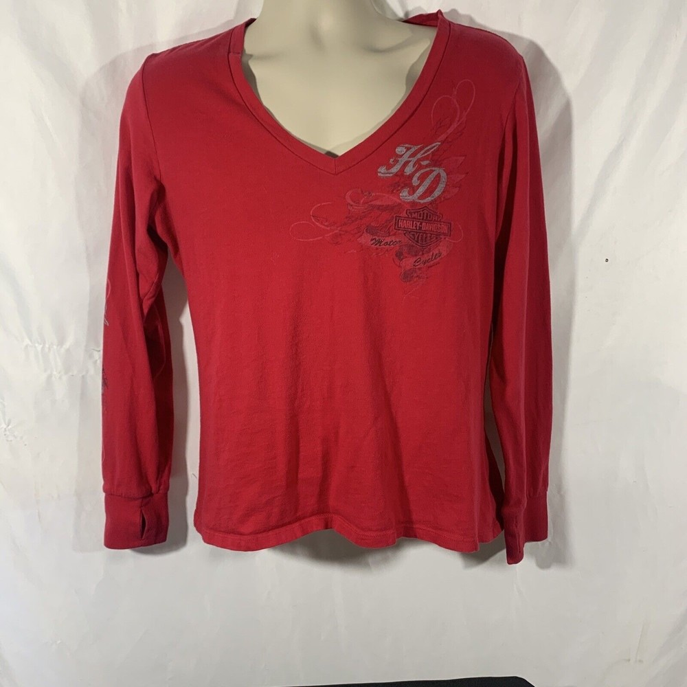 Harley-Davidson Logo Red V-Neck Long Sleeve Women’s Shirt Sz XL El Paso Texas